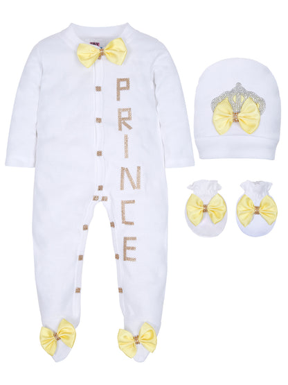 TINY MINY MEE GOLDEN PRINCE YELLOW BOW SLEEPSUIT WITH SHOES-WHITE