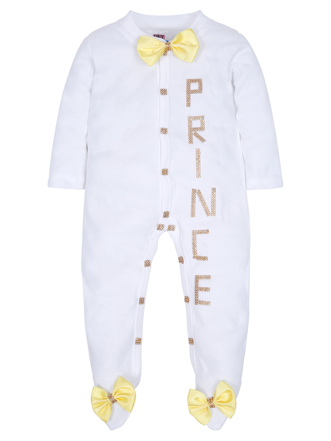 TINY MINY MEE GOLDEN PRINCE YELLOW BOW SLEEPSUIT WITH SHOES-WHITE