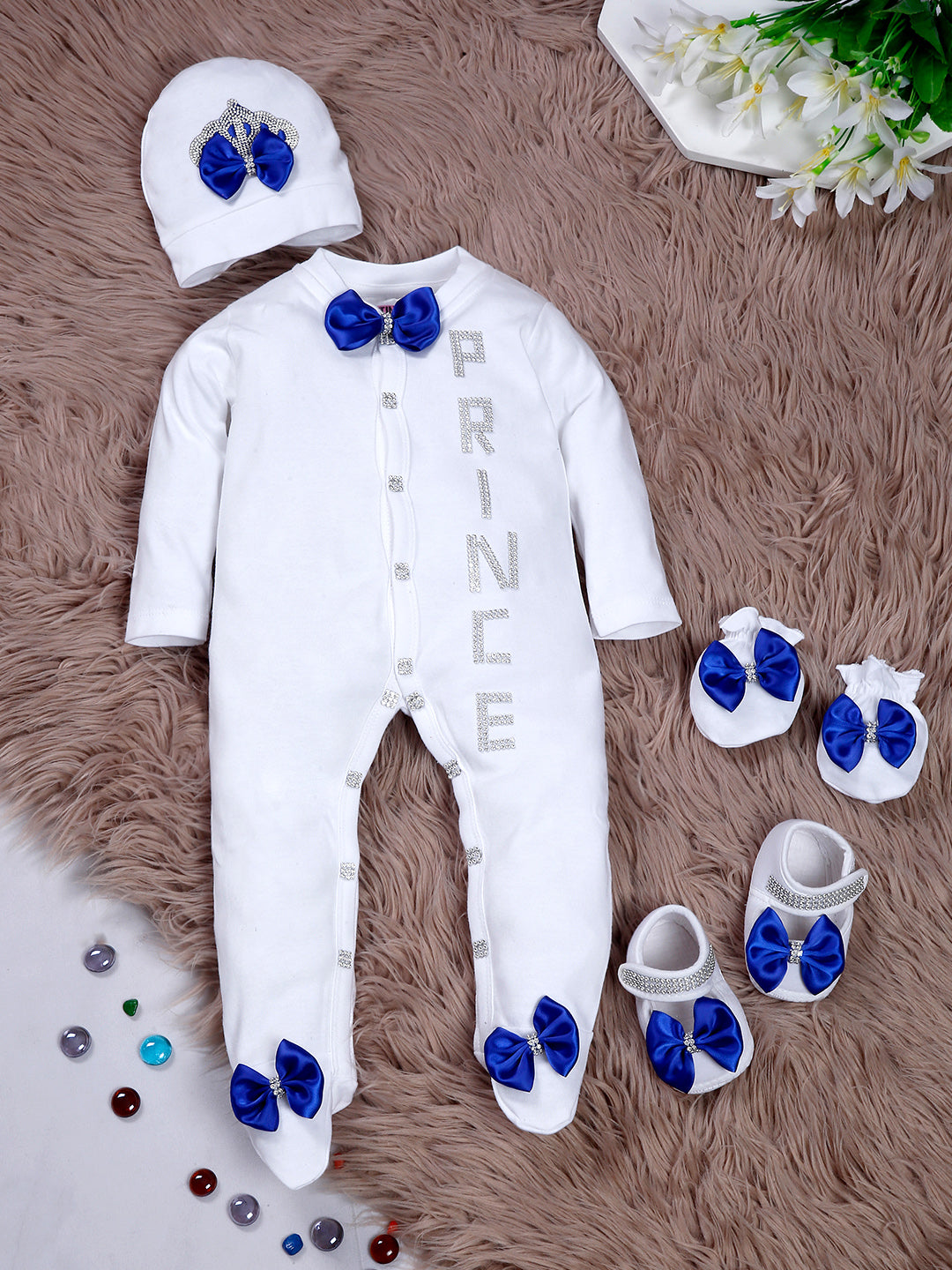 TINY MINY MEE SILVER PRINCE BLUE BOW SLEEPSUIT WITH SHOES-WHITE