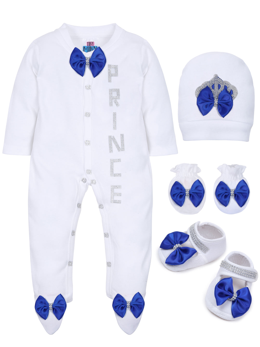 TINY MINY MEE SILVER PRINCE BLUE BOW SLEEPSUIT WITH SHOES-WHITE