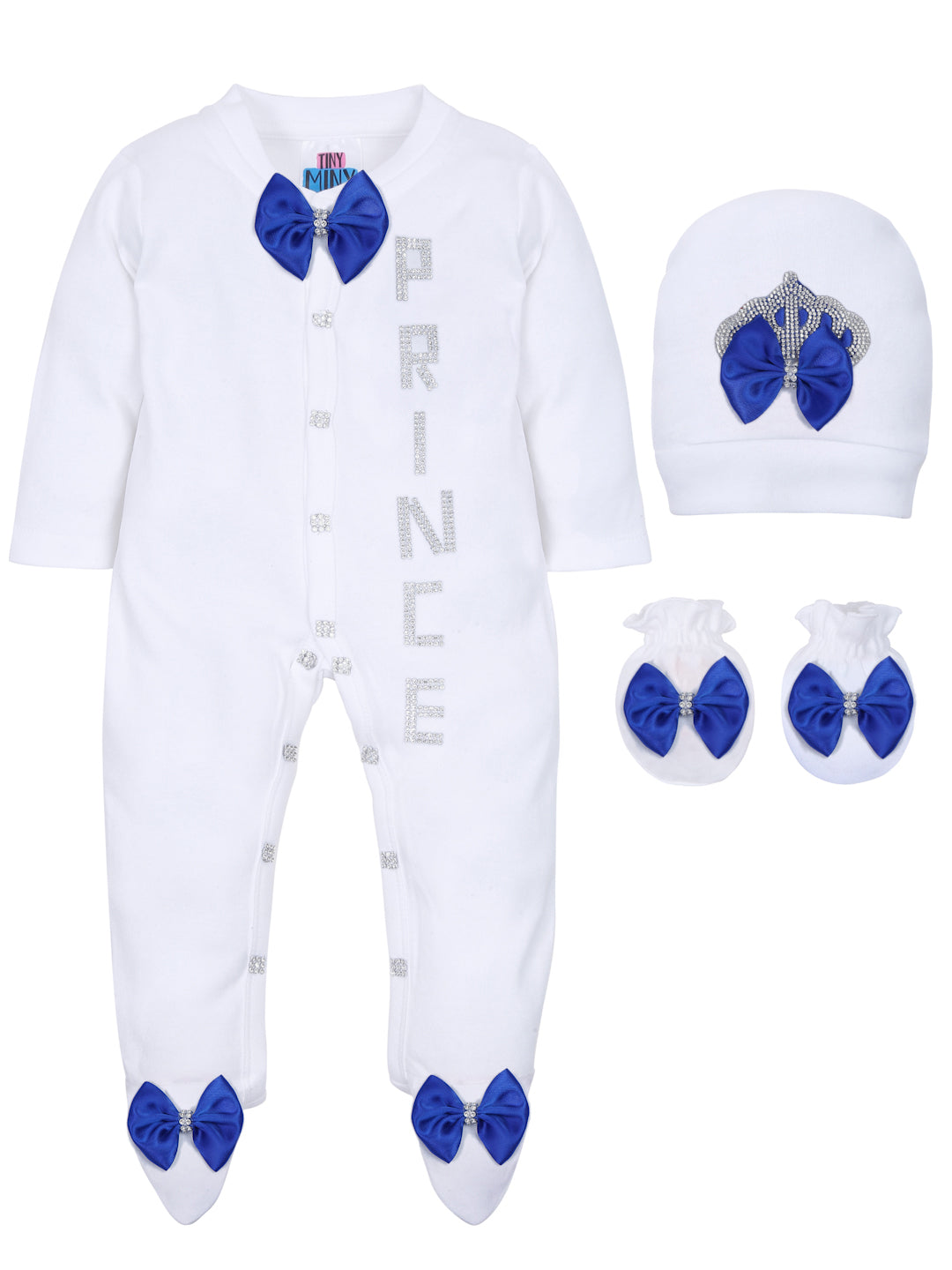 TINY MINY MEE SILVER PRINCE BLUE BOW SLEEPSUIT WITH SHOES-WHITE