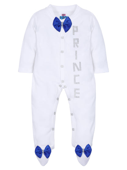 TINY MINY MEE SILVER PRINCE BLUE BOW SLEEPSUIT WITH SHOES-WHITE