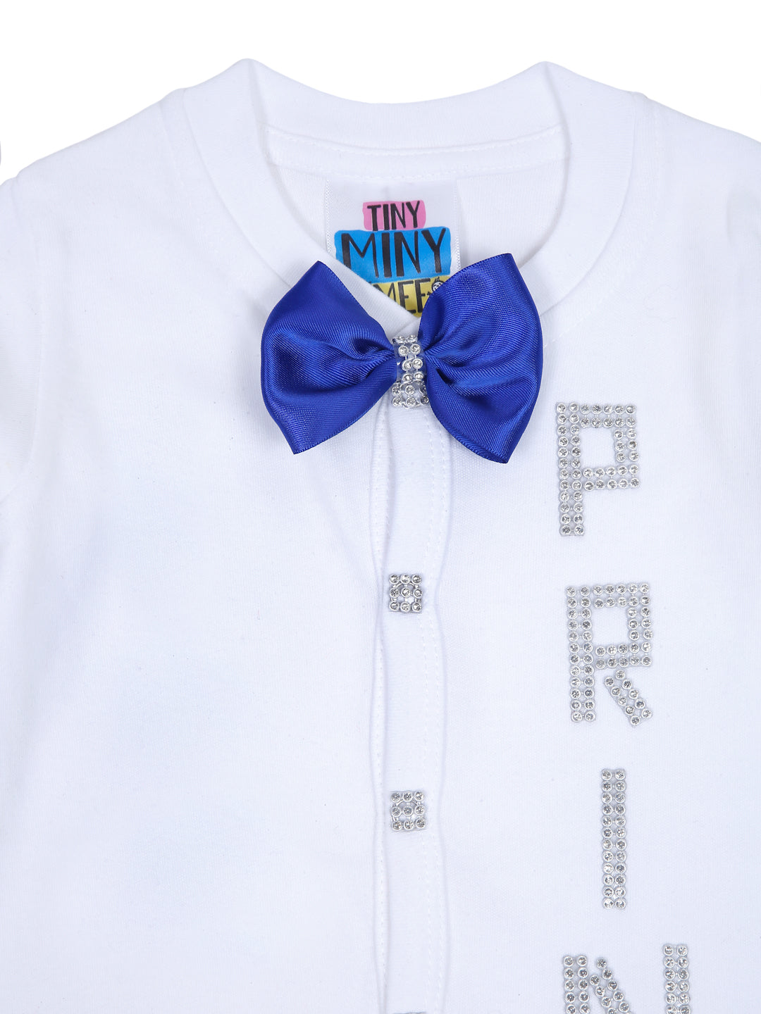 TINY MINY MEE SILVER PRINCE BLUE BOW SLEEPSUIT WITH SHOES-WHITE