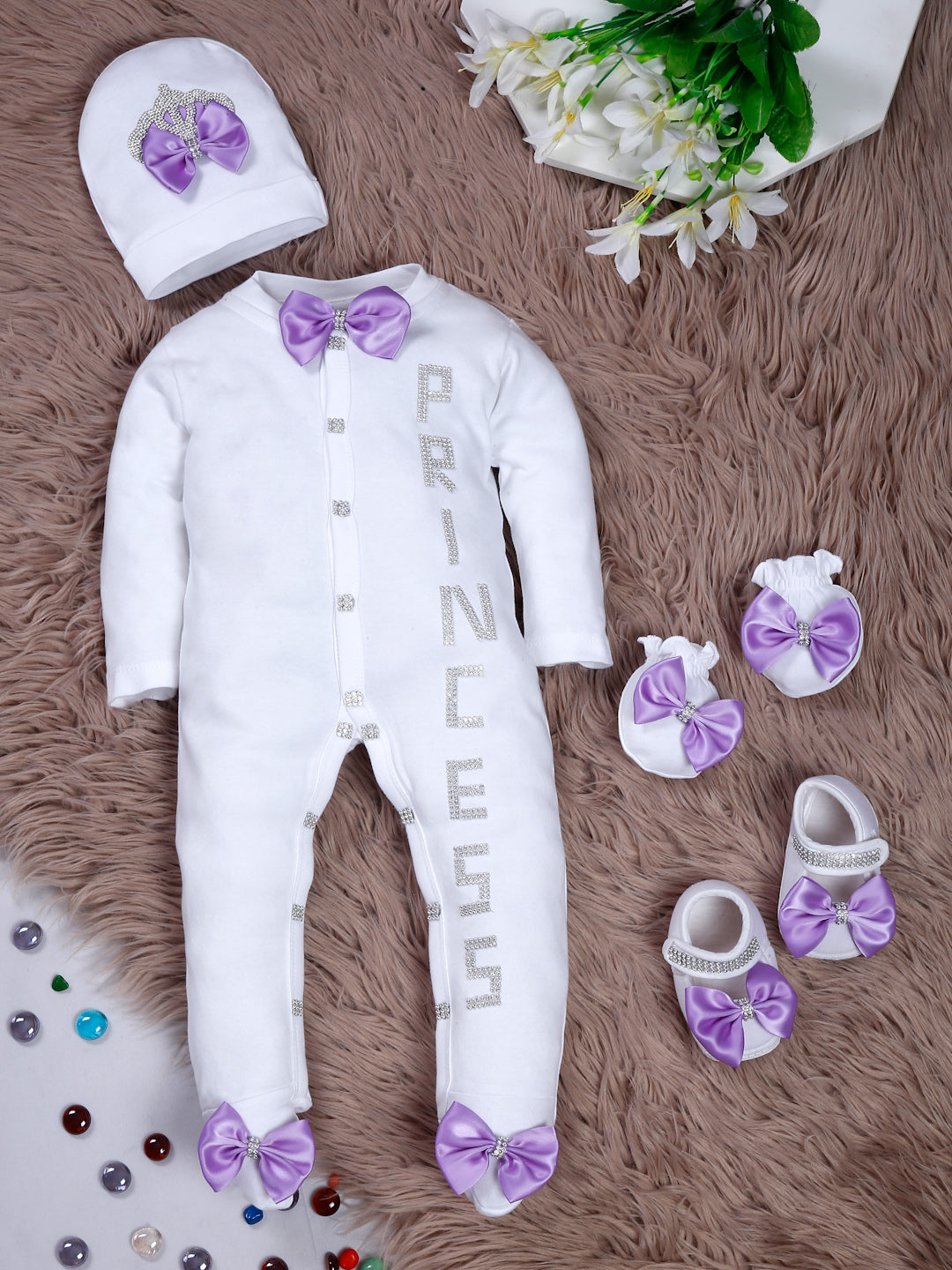 TINY MINY MEE SILVER PRINCESS LAVENDER BOW SLEEPSUIT WITH SHOES-WHITE