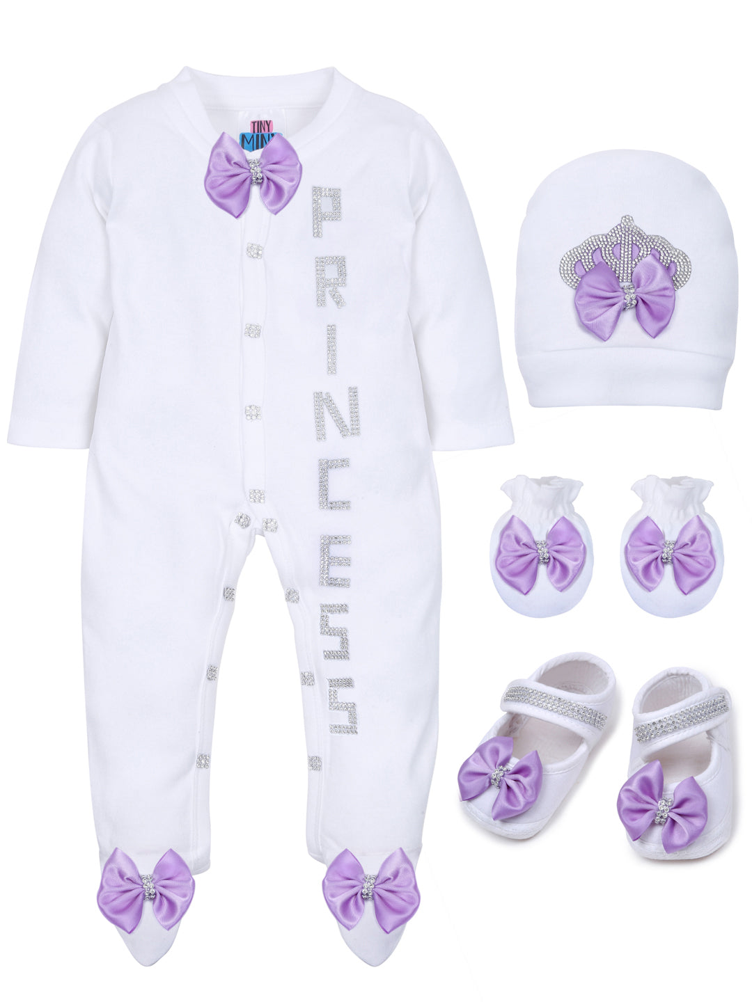 TINY MINY MEE SILVER PRINCESS LAVENDER BOW SLEEPSUIT WITH SHOES-WHITE