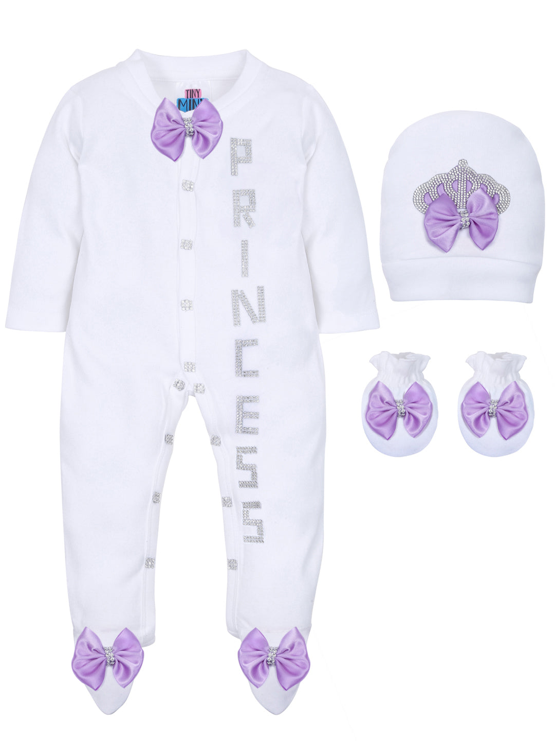 TINY MINY MEE SILVER PRINCESS LAVENDER BOW SLEEPSUIT WITH SHOES-WHITE