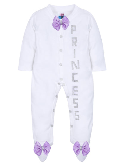 TINY MINY MEE SILVER PRINCESS LAVENDER BOW SLEEPSUIT WITH SHOES-WHITE