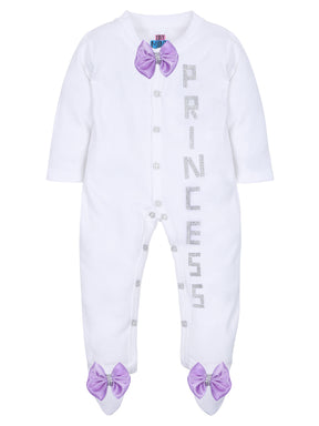 TINY MINY MEE SILVER PRINCESS LAVENDER BOW SLEEPSUIT WITH SHOES-WHITE