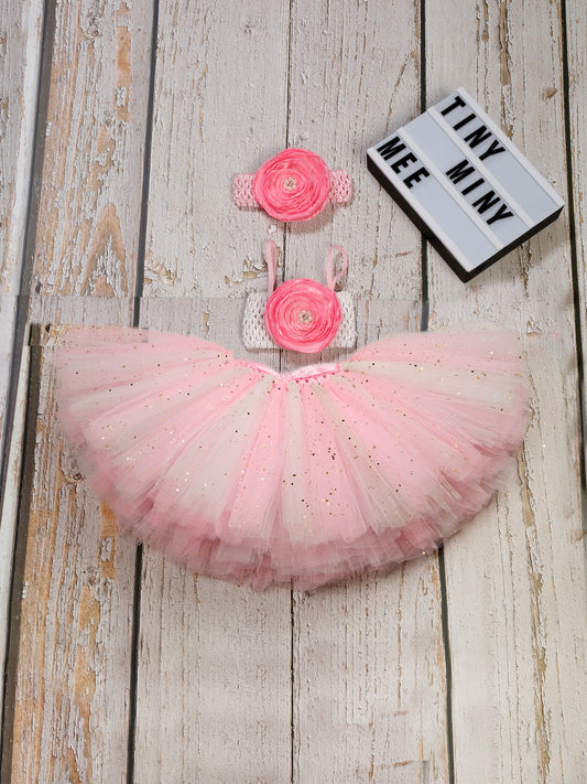 TINY MINY MEE PINK&WHITE FLORAL BLOOM TUTU SET-PINK&WHITE