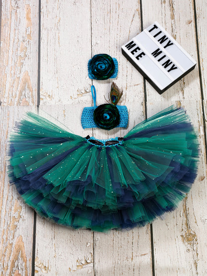 TINY MINY MEE PEACOCK FLORAL & FEATHER TUTU SET -PEACOCK GREEN &BLUE