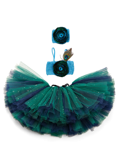 TINY MINY MEE PEACOCK FLORAL & FEATHER TUTU SET -PEACOCK GREEN &BLUE