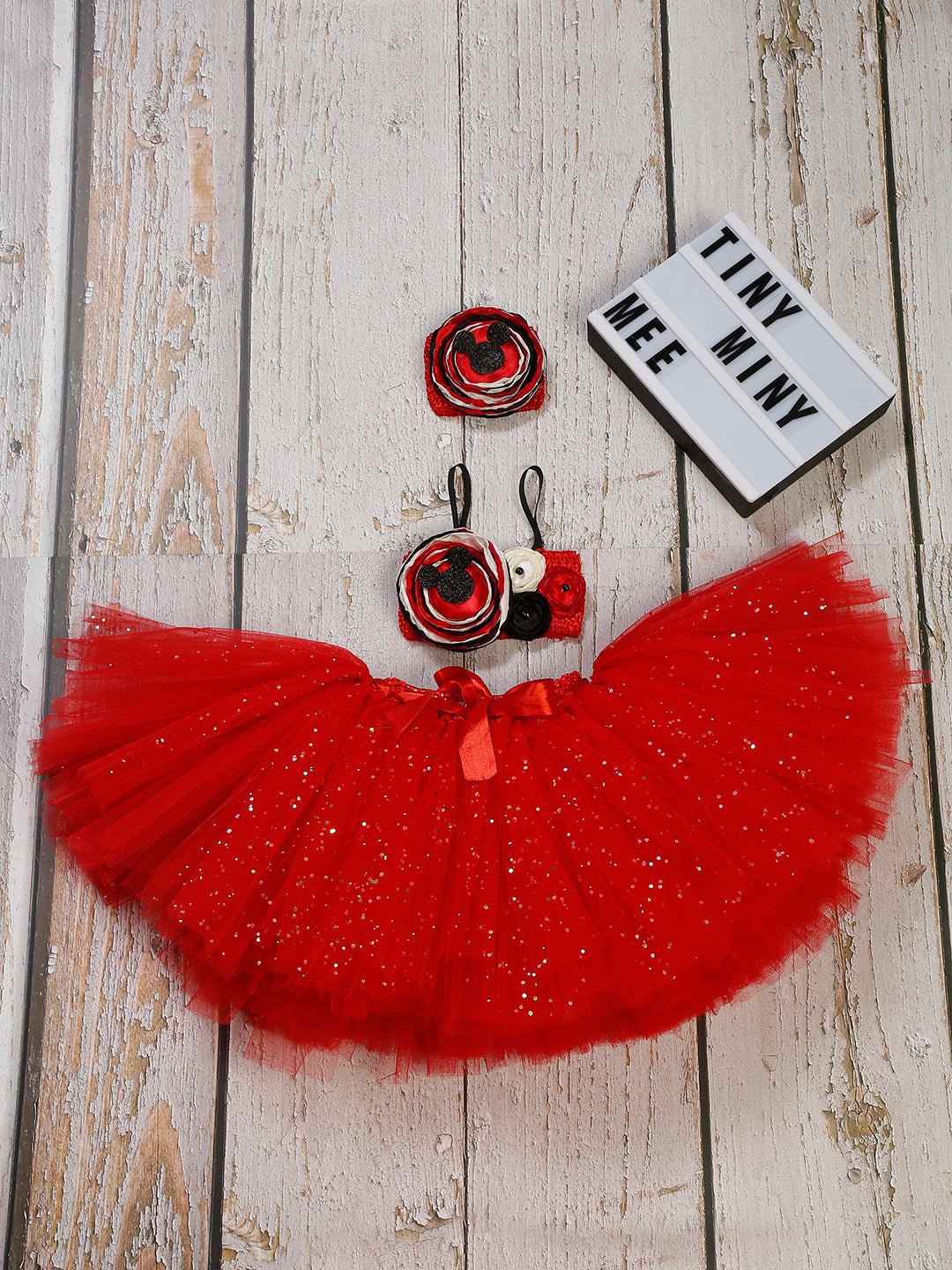 TINY MINY MEE MOUSE FLORAL TUTU SET-RED & BLACK