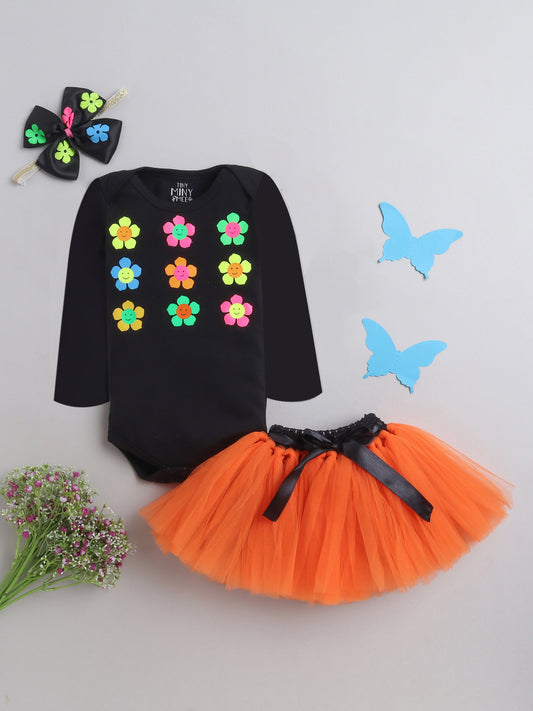 TINY MINY MEE NEON FLOWER BODYSUIT , SKIRT AND HAIRBAND-BLACK