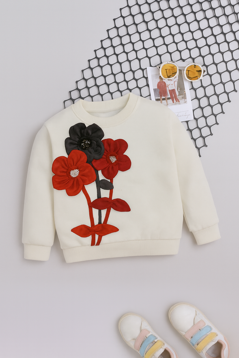 Girls Floral Appliqué Sweatshirt – Off White